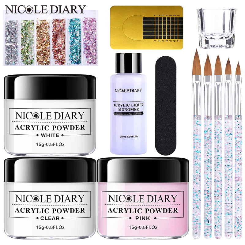 

NICOLE DIARY Nail Acrylic Powder Liquid Crystal Glass Set Nail Glitter Manicure Kit 3D Nail Forms Carving Flower Extension Tools