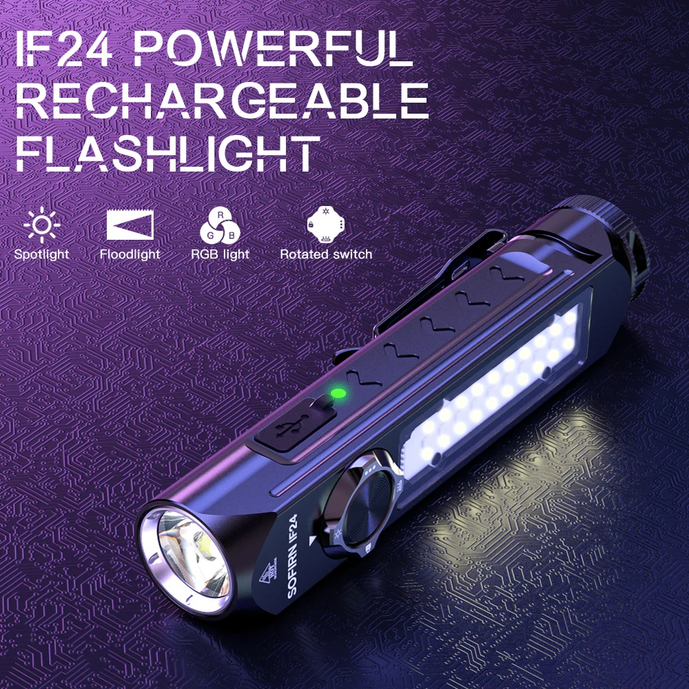 Sofirn IF24 RGB Light SST40 2000lm Powerful LED Flashlight 5V 2A 18650 USB C Rechargeable Torch IP66 Waterproof with Magnetic