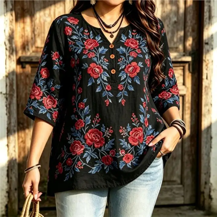 Women Rose Floral Print Blouse For Curvy Figures Notched Neck 3/4 Sleeve Loose Casual Ladies Tops