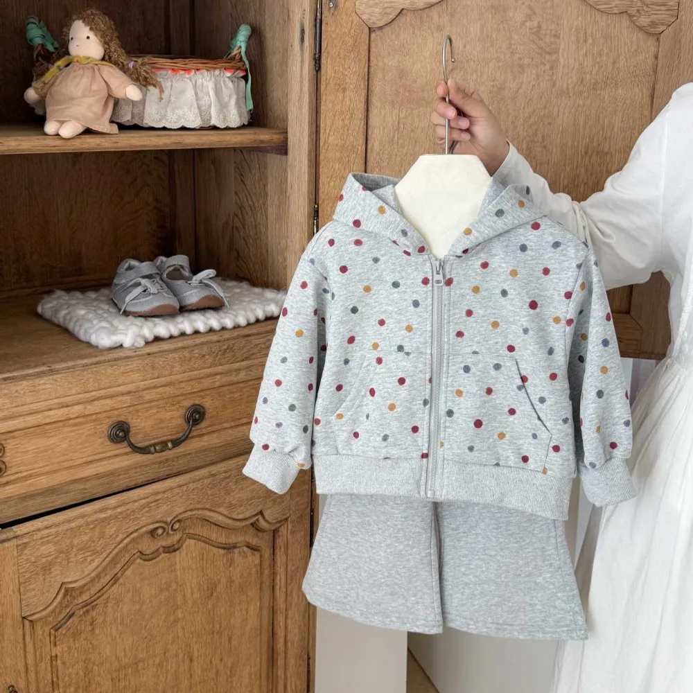 Girls Outfit Set 2026 Autumn New Arrival Korean Style Polka Dot Hooded 2Pcs Clothing Set Trendy Versatile Casual Suit Kids Girls