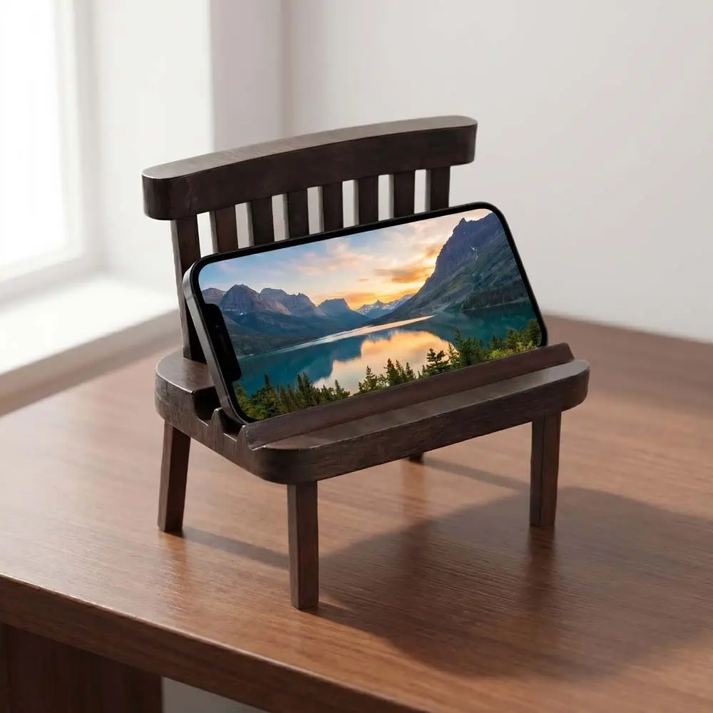 

Solid Wood Chair Mobile Phone Holder Universal Portable Cell Phone Stand Creative Design Elegant Walnut Mobile Phone Stand