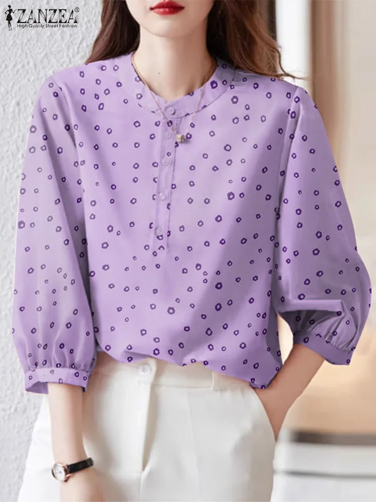 ZANZEA Fashion 3/4 Sleeve Simple Tops Women Summer Foral Printed Blouse 2024 Buttons Open Tunics Casual Loose O-neck Thin Blusas