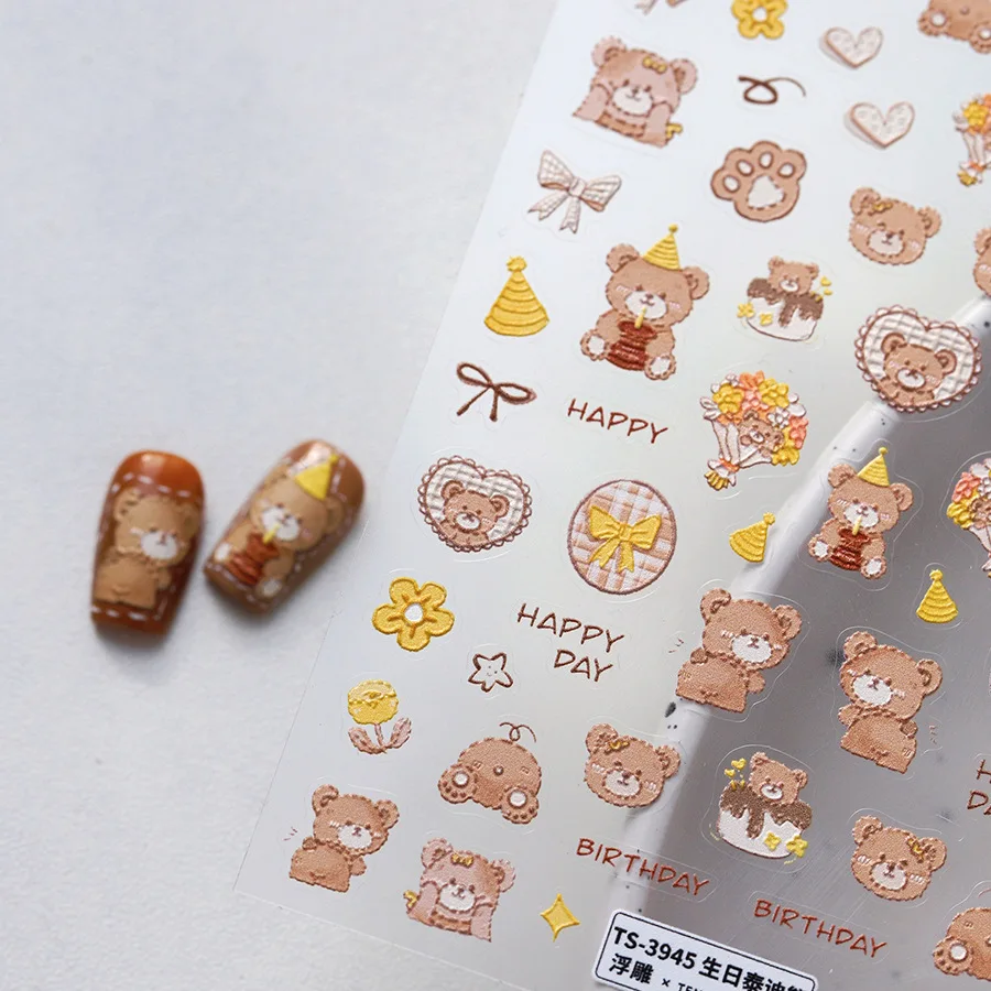 Lovely Birthday Little Bear Flower Bouquets Bowknot 5D Reliefs Self Adhesive Nail Art Stickers Cute 3D Manicure Decals Wholesale