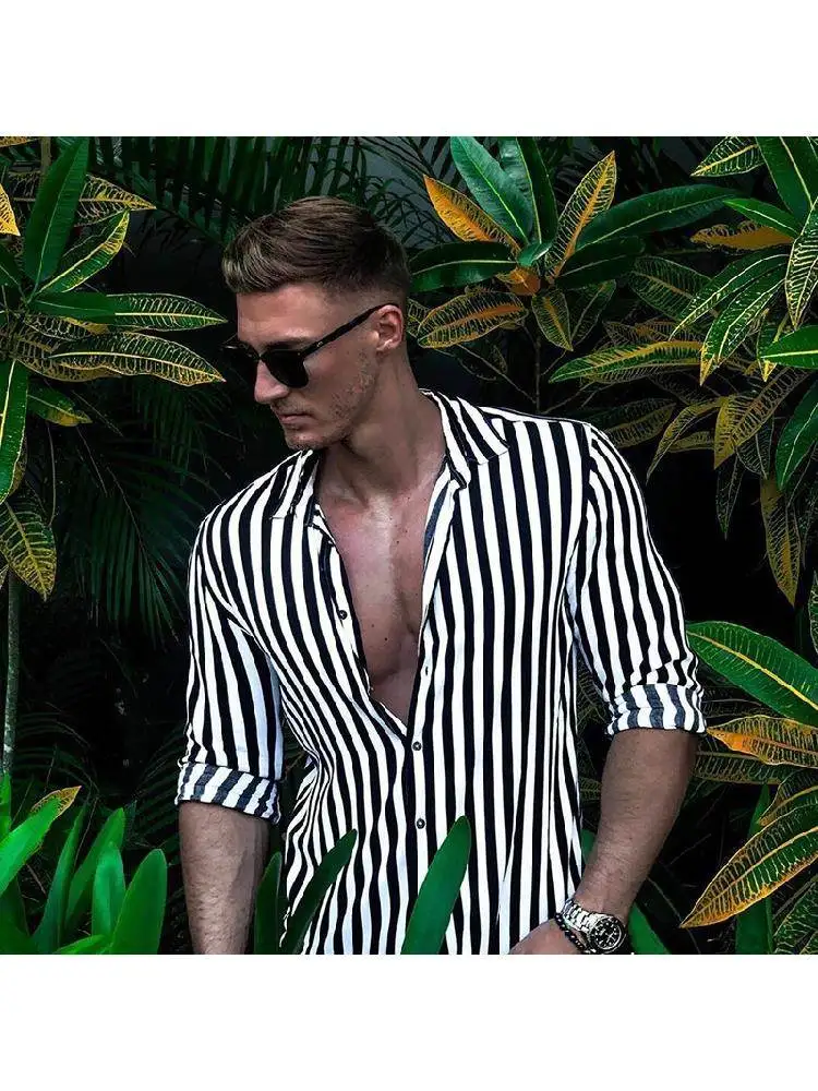 

Casual Cotton Linen Men's Long Sleeve Shirt Youth Fashion Shoulder Drop Cuffs All Seasons Wear Striped Pattern Classic Style