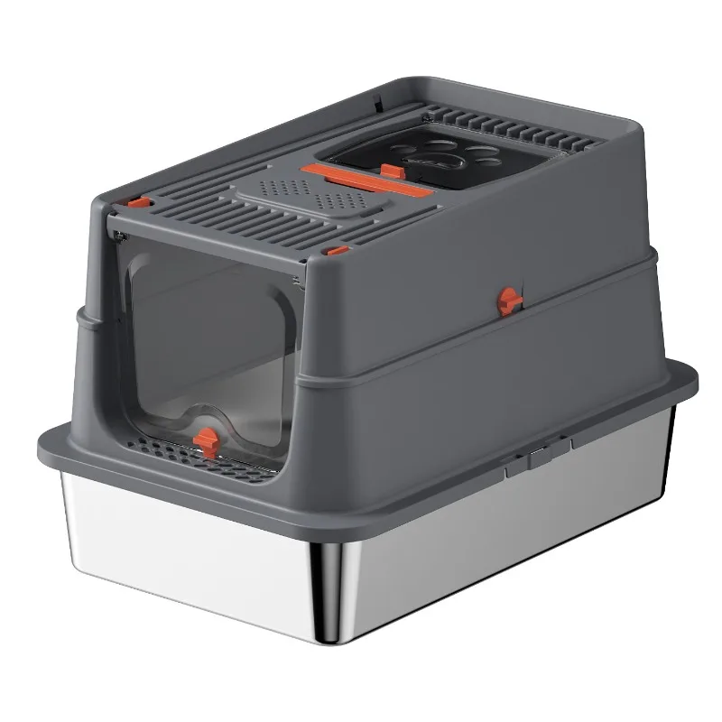 

Fully enclosed stainless steel cat litter box deodorizing flap removable easy to clean cat toilet large cat poop basin