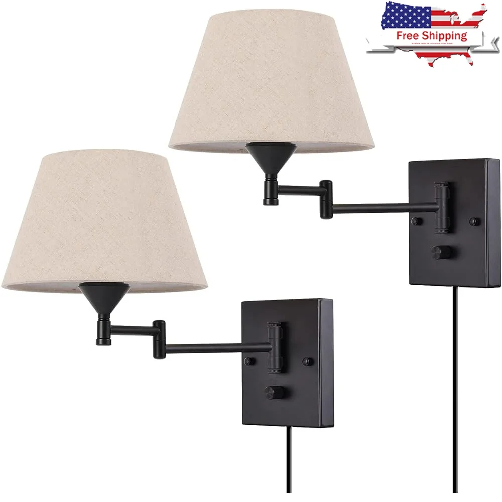 

Swing Arm Wall Sconce Set of 2 Plug in Lighting with Adjustable Fabric Shade Ideal Bedroom Hallway Living Room