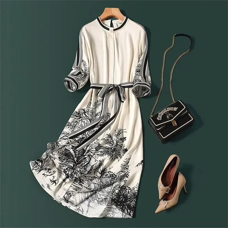 여성용 A라인 우아한 분위기의 부드러운 새틴 여름 드레스, 가벼운 럭셔리 파티 베스티도 Z006 빈티지 프린트 실크 미디 드레스