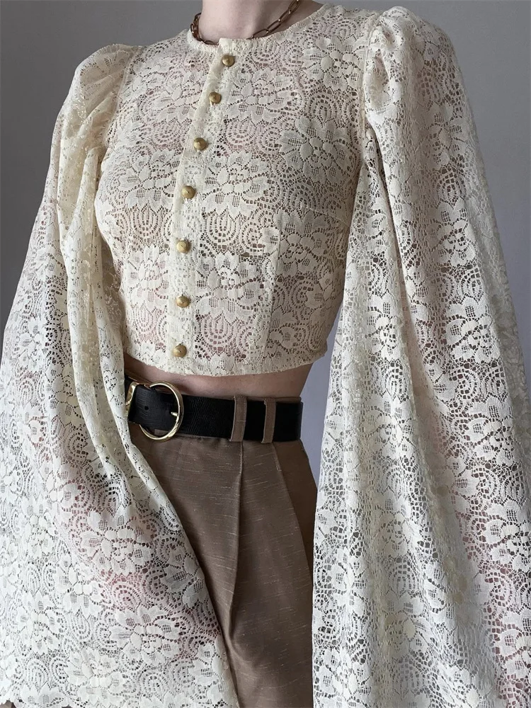 

T-shirt Top For Women Lace Printed Autumn See-Through Long Sleeve Patchwork Hollow Out Cropped Top Female Sexy Tee Top