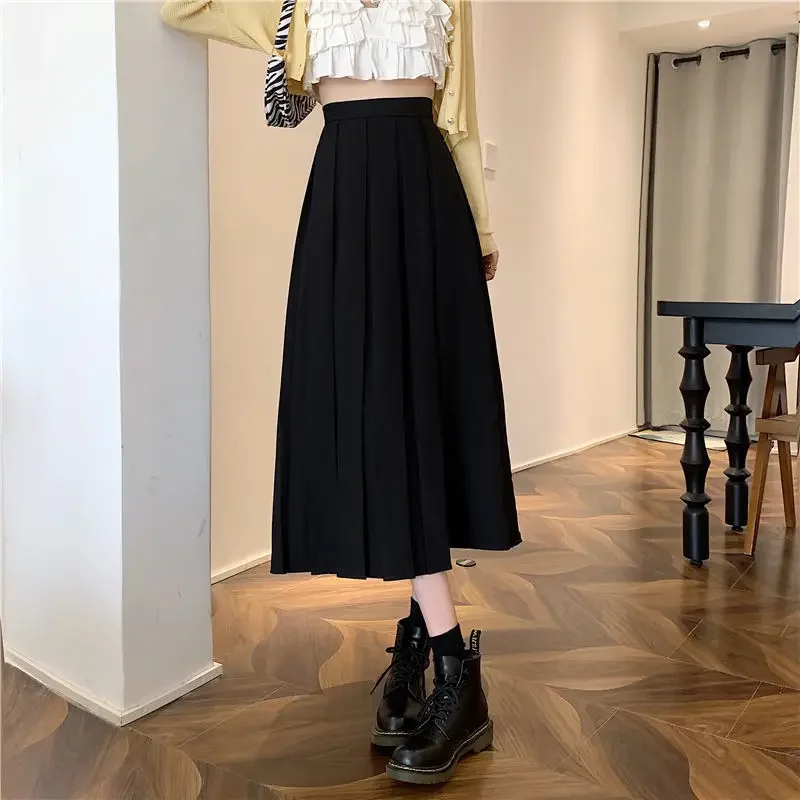 

Long Skirts Women Pleated Chic Friend Basic Autumn College Girls Bottom All-match Casual High Waist Teens Mujer Faldas Vintage