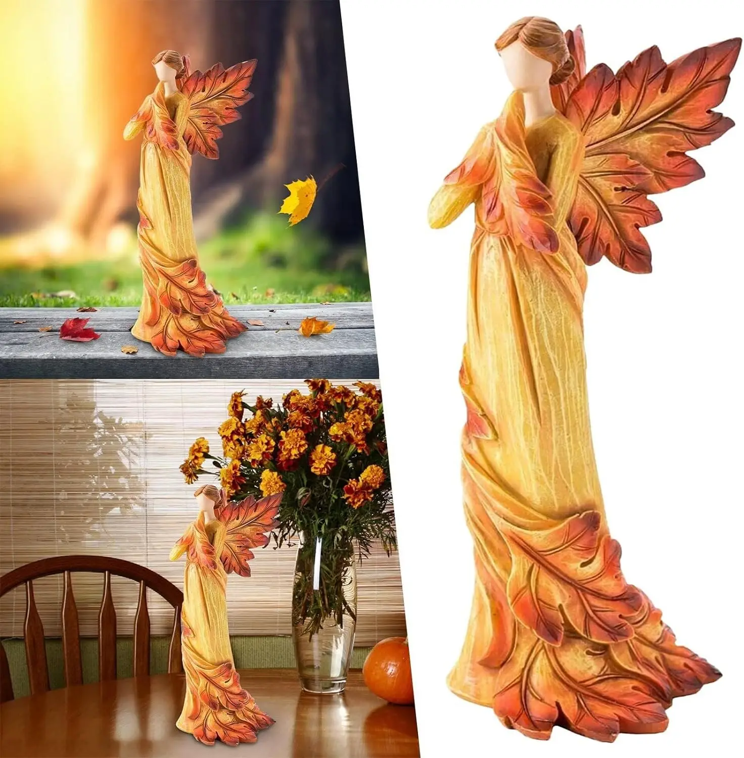 Autumn-Themed Angel Statue with Leaf Wings,Fall Maple Leaf Angel Statue Hand Painted Figure Autum Vintage Resin Angels Figurines