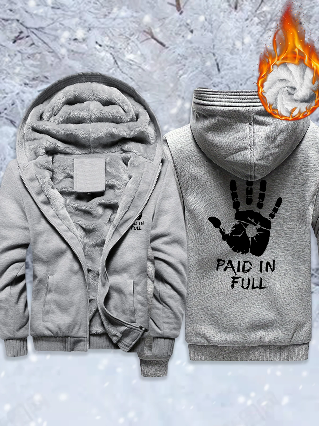 

Paid In Full Handprint Printed Men Thicken Coats Winter Oversized Streetwear Zipper Pocket Jackets Casual Fleece Sportswears