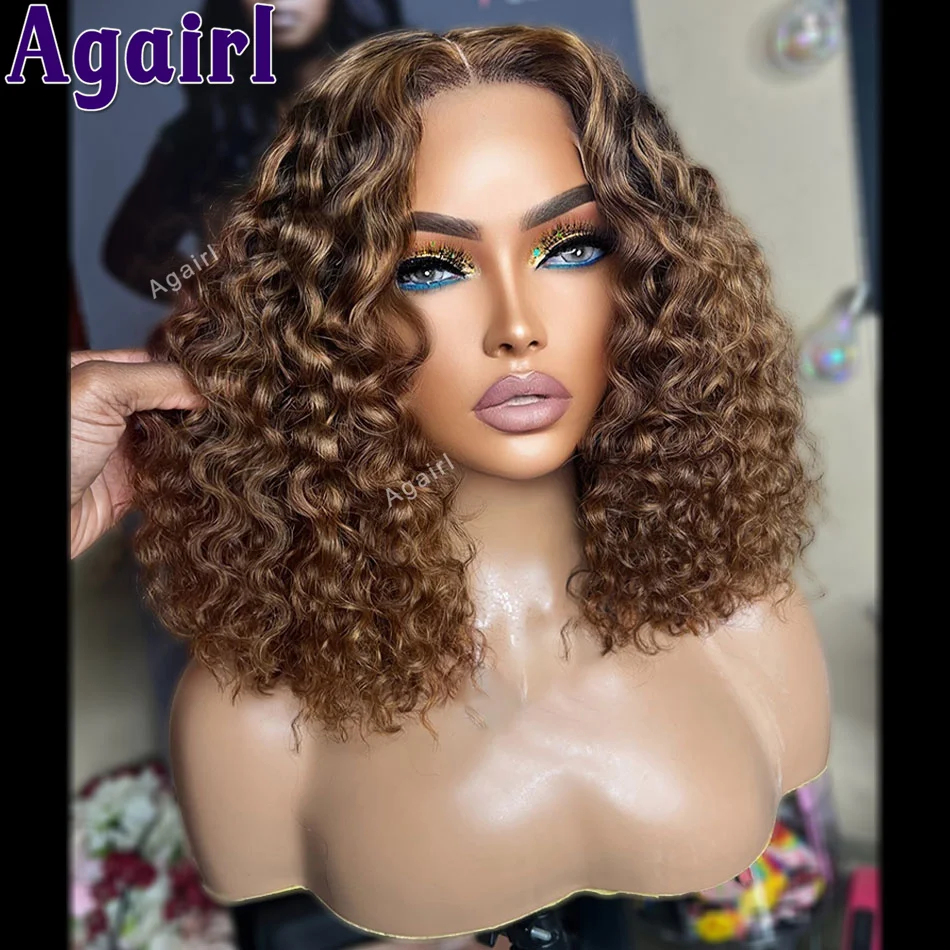 

Highlight Ombre Blonde Colored Short Bob Curly Human Hair Wigs 13x4 Lace Frontal Water Wave Bob Wigs Pre Plucked for Women 180%