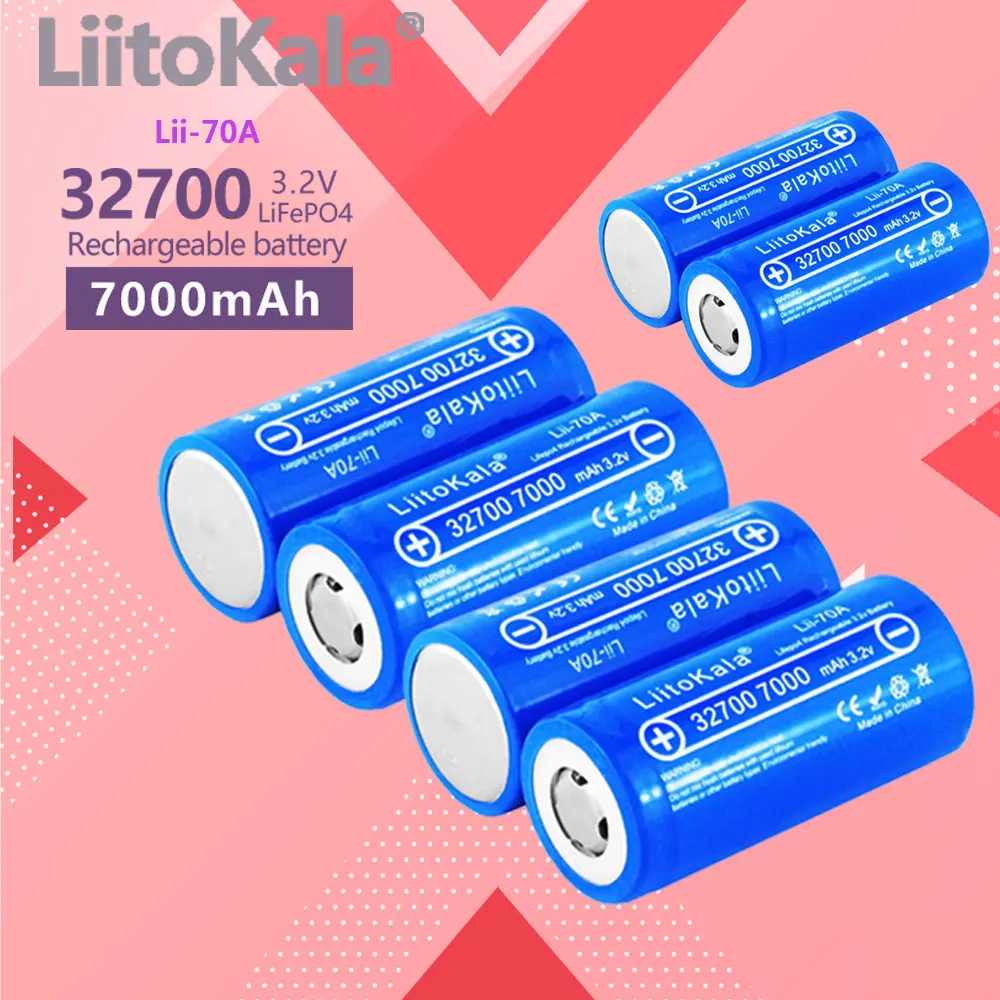 LiitoKala 32700 cells lifepo4 7000 mah 3.2 V rechargeable battery with flat top LiFePO4 for flashlight 32700 battery 6500