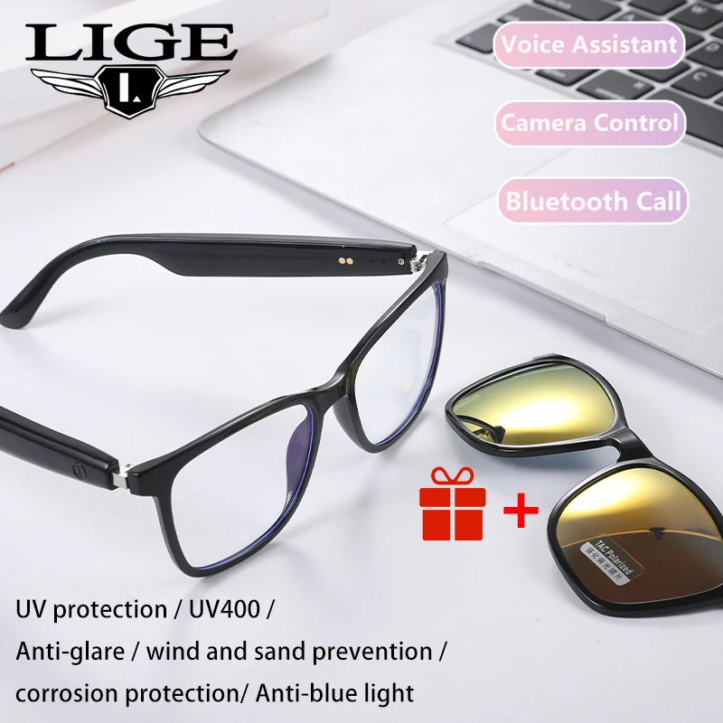 

LIGE Fashion 2 in 1 Magnetic Smart Sunglasses UV Protection Portable Music Glasses Bluetooth call Voice Assistant Smart Glasses