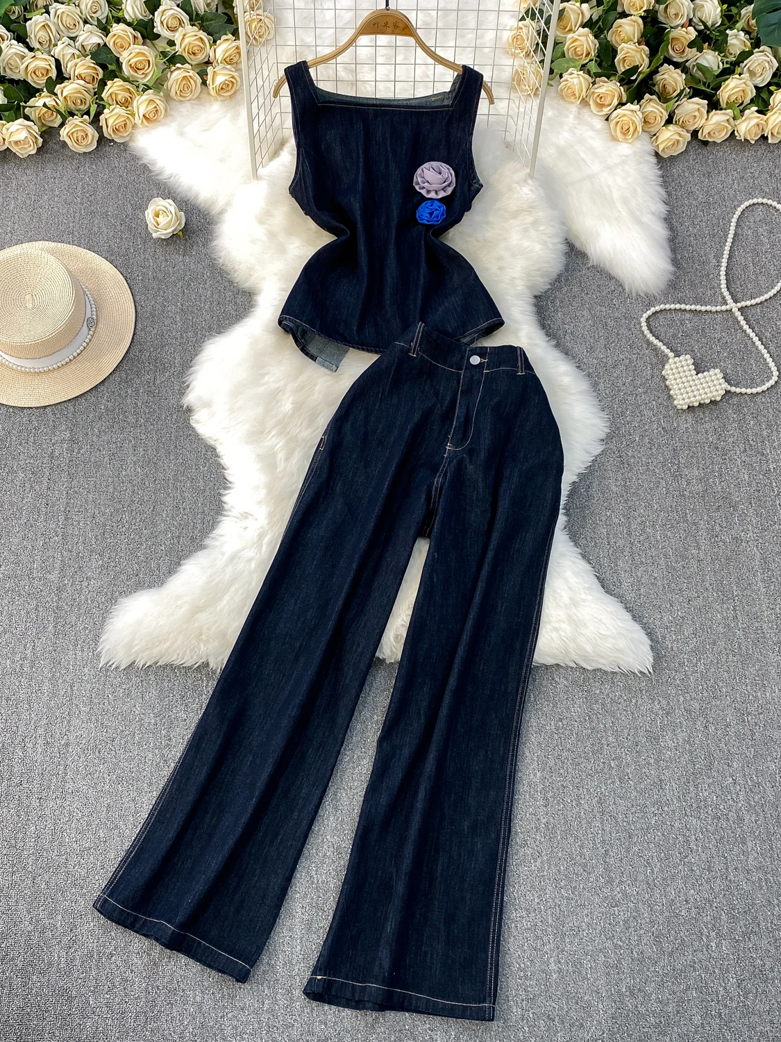 

Fashionable Denim Set Women Summer Korean Version 3D Flower Slimming Vest Casual High Waist Wide Leg Pants Two-Piece Suit