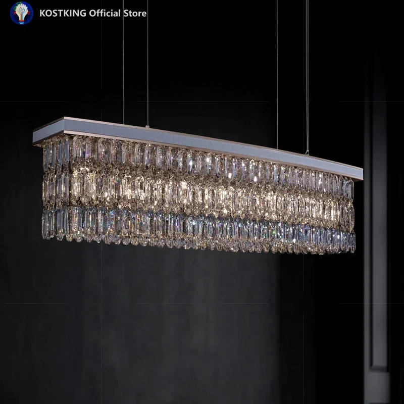

Luxury Rectangle Crystal Chandelier with White Leather for Dining Room Kitchen Island Oval K9 Crystal Pendant Chandeliers Vila