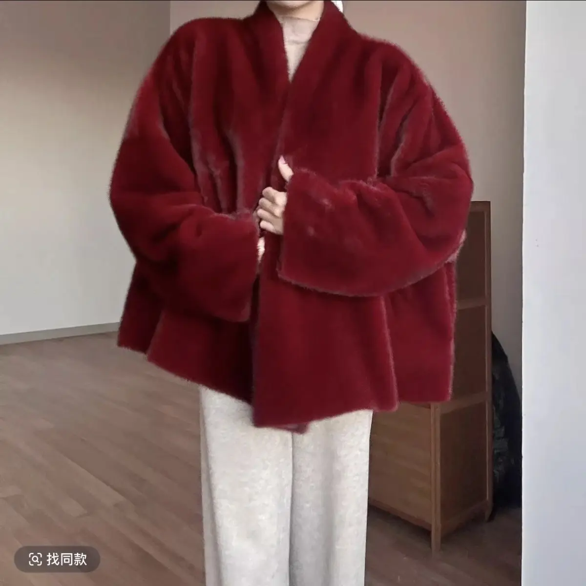 2025 winter new burgundy extravagant wide version bat sleeve shawl mink fur coat women's imitation fur coat