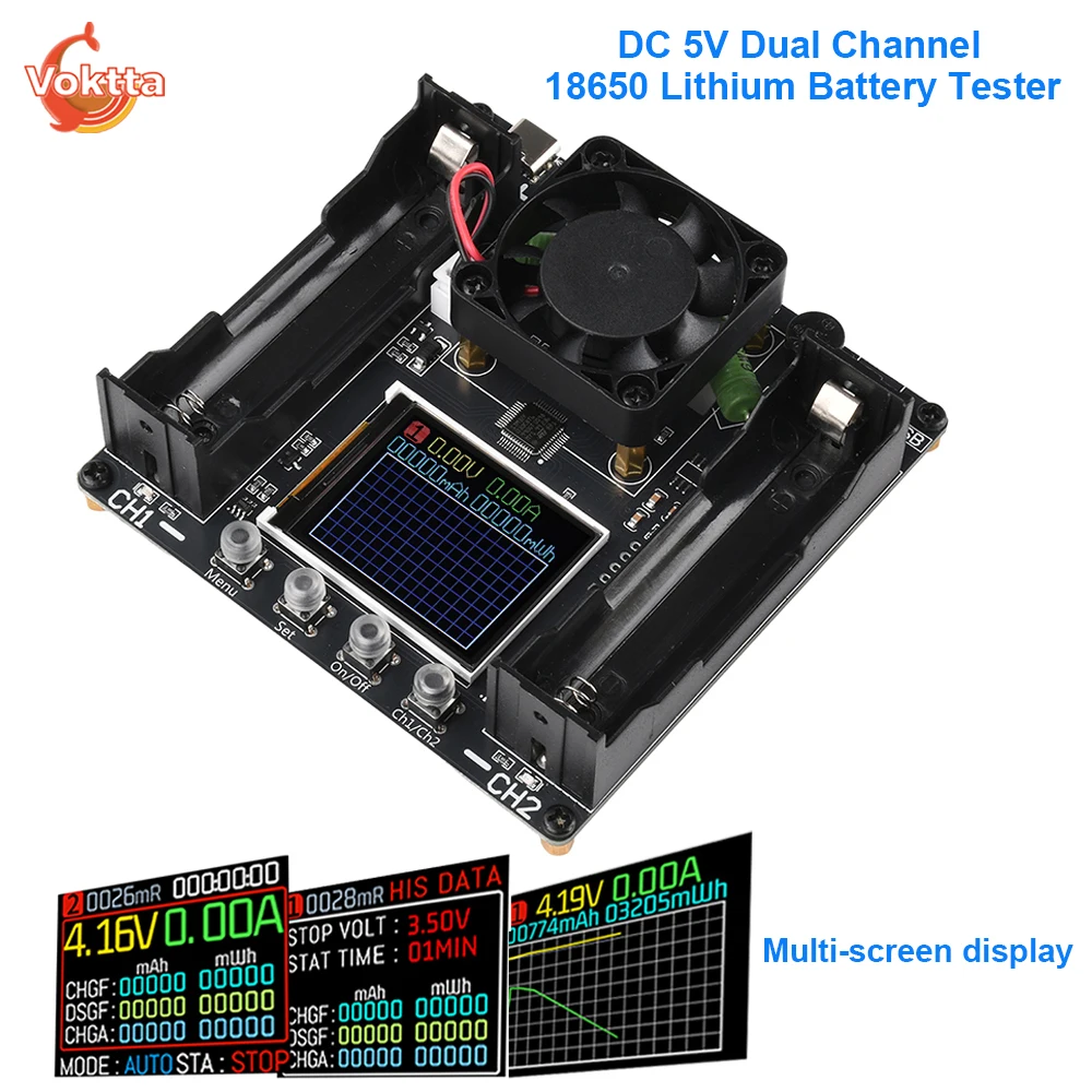 

Тестер емкости литиевых аккумуляторов 18650 с двумя каналами, 5В постоянного тока, электронный тестер нагрузки, модуль автоматической зарядки и разрядки Type-C