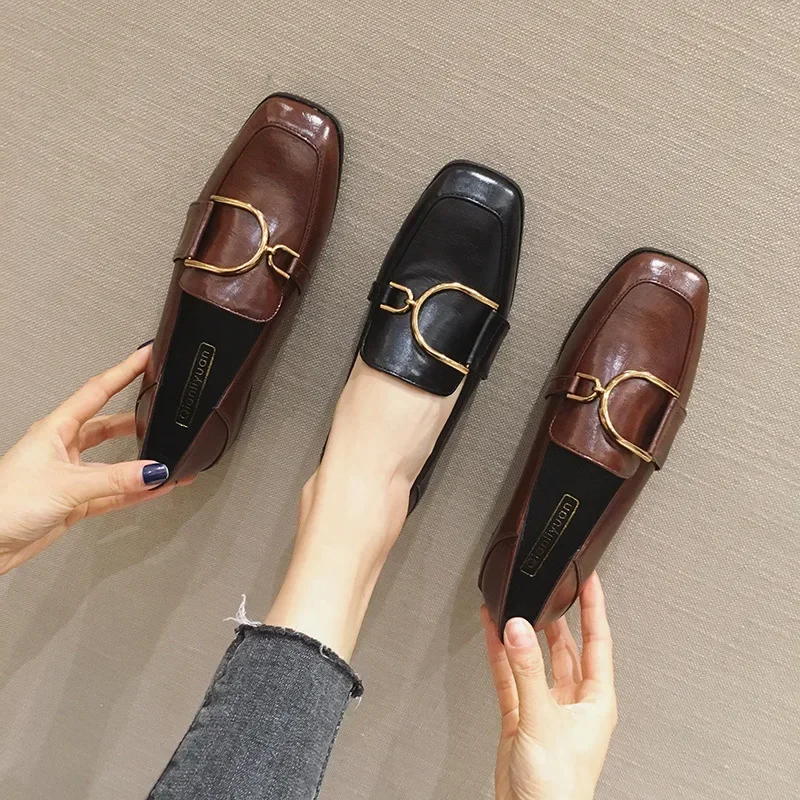 British Style Leather Shoes for Women Square Toe Slip on Loafers Low Heel Shallow Single Shoes Vintage Metal Buckle High Heels