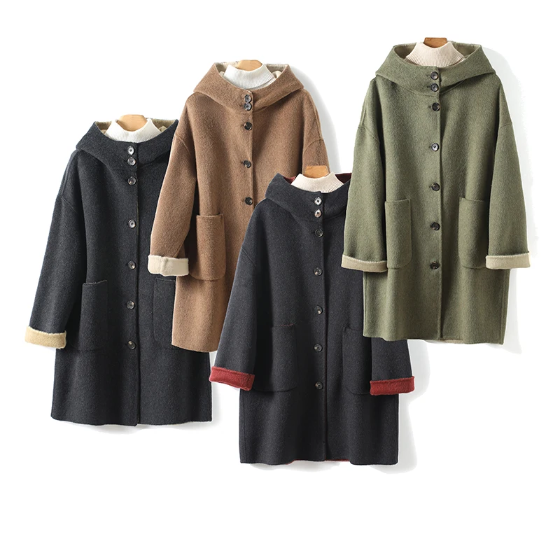 

High Quality Double Sided Woolen Coat with Hood Female Winter Fashion Loose Fit AB Face Korean Style Outerwear for Women