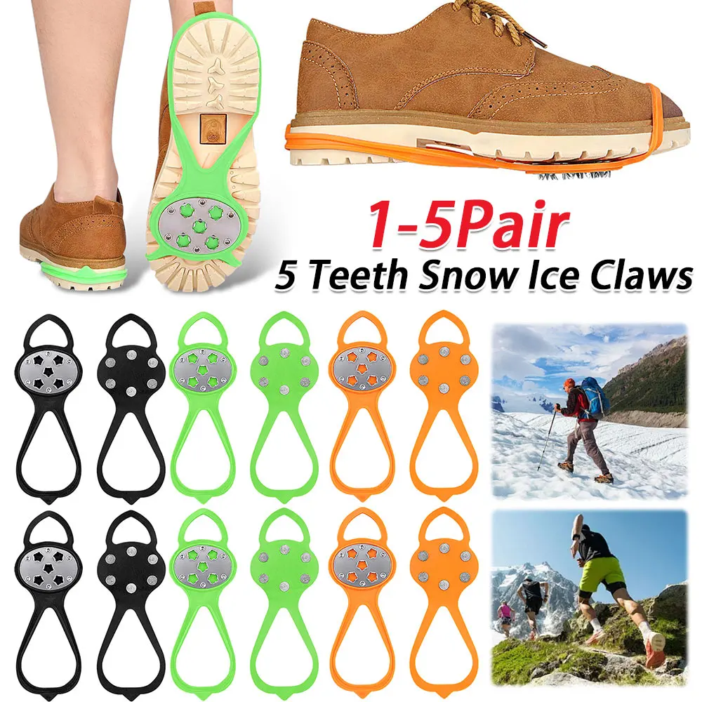 1-5Pair 5 Teeth Snow Ice Claws Adjustable Walking Cleat Ice Grippers Walking Shoe Ice Spikes for Outdoor Mountaineering Camping