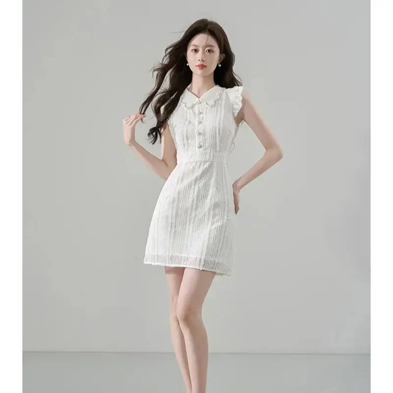 Sommer Neue Koreanische Süße Spitze Stickerei Kleid Für Frauen Elegante Weiße Peter Pan Kragen Einreiher Mini Party Vestidos J743