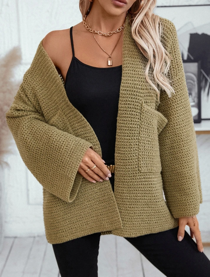 

Women's Cardigan 2024 Autumn Winter Latest Solid Color Pocket Knit Sweater Jacket Casual Loose Long Sleeved Open Front Coat