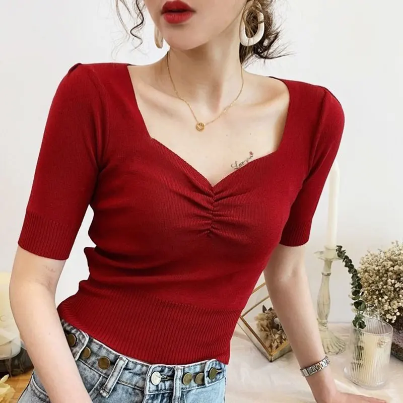 Women Monochromatic Square Collar Short Sleeve T-Shirt, Slim Top, Elegant Clothes, Sexy, All-match, Office Lady, Summer Fashion