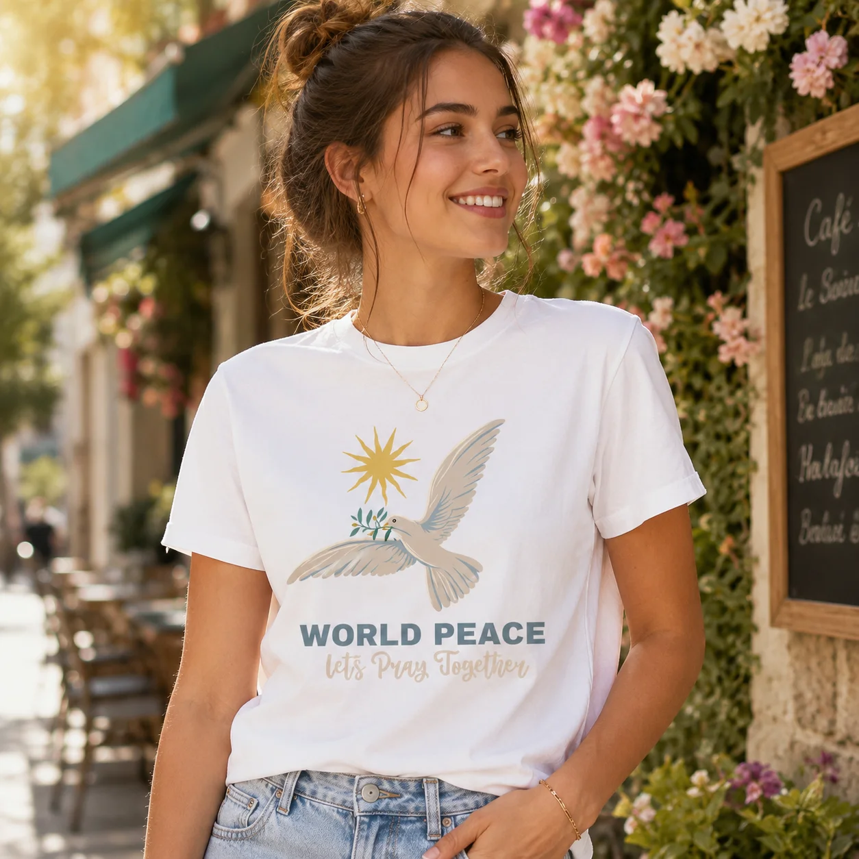 Women 100% Cotton World Peace T Shirt Dove Olive Branch Sun Graphic Let's Pray Together Casual Crew Neck Short Sleeve Tee