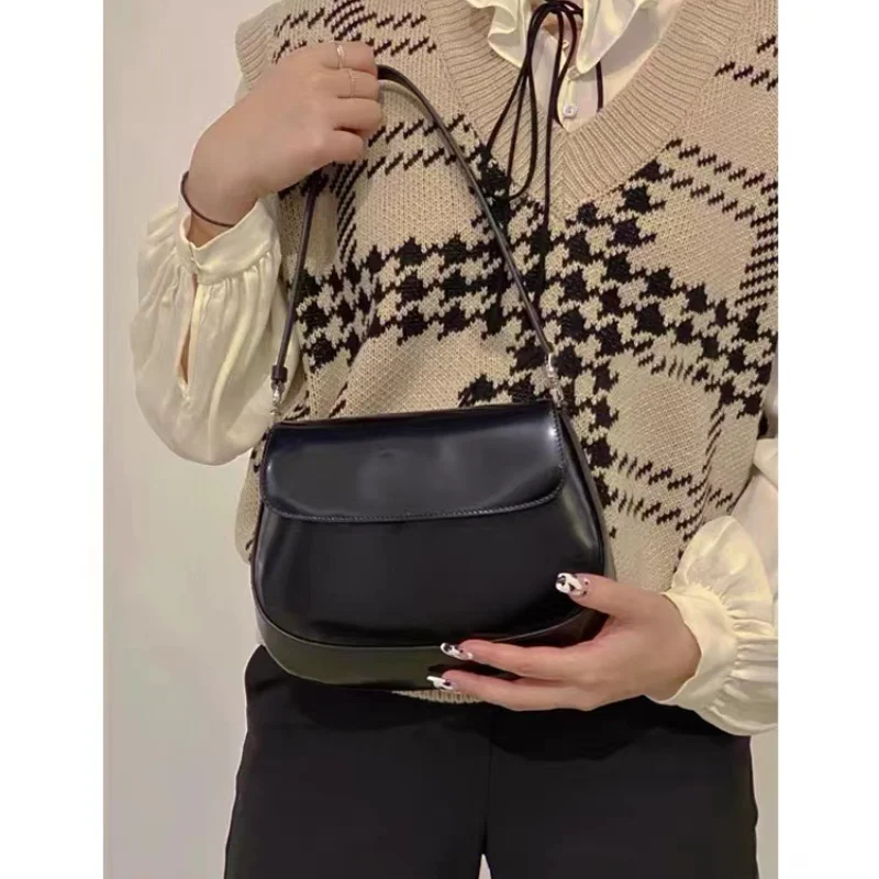 Y2K Silver PU Leather Shoulder Bags Luxury Small Underarm Bags Purses Ladies Black Flap Top-handle Bags Women's Handbags 2024