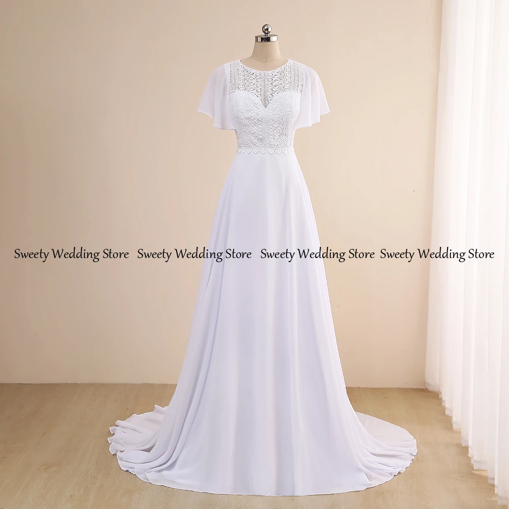 

Jiayigong Pure White Wedding Dresses for Women 2022 Bride Short Sleeves O Neck Bohemian Lace A Line Beach Boho Bridal Gown