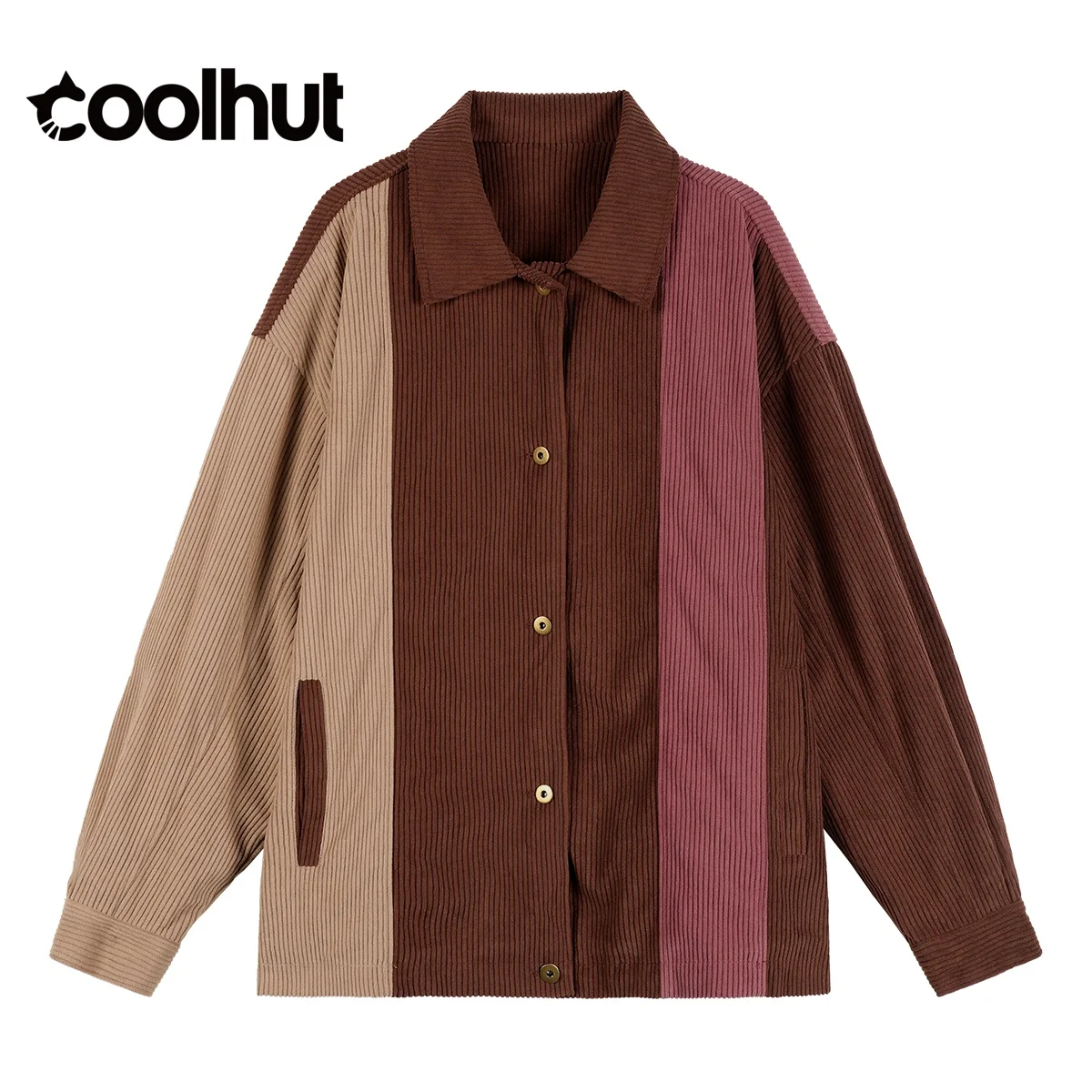 

COOLHUT Women's 2025 Corduroy Baseball Jacket Vintage Striped Colorblock Coat Notched Lapel Retro Patchwork Fall Outerwear