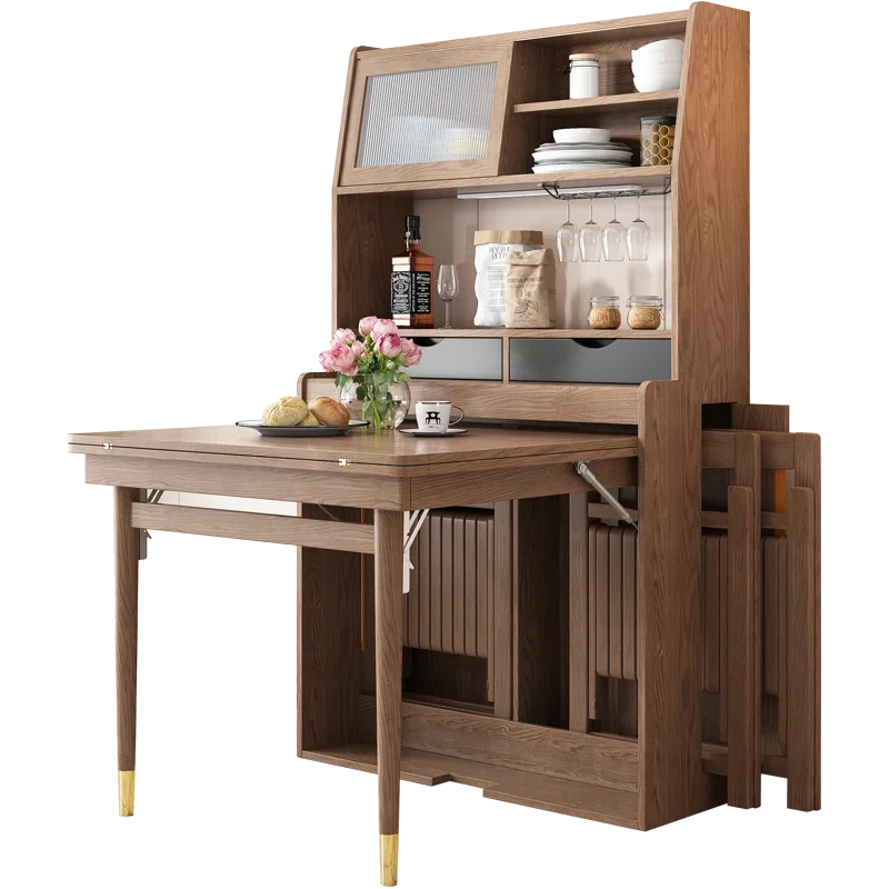 Modern Folding Extend Cabinet Foldable Dining Table Adjustable Ash Wooden Dining Room Furniture Set