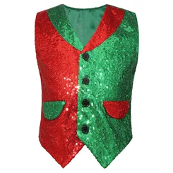 Kids Boys Christmas Sequin Vest Halloween Waistcoat Theme Party Circus Magic Show Cosplay Costume Xmas Elf Santa Clause Dress Up