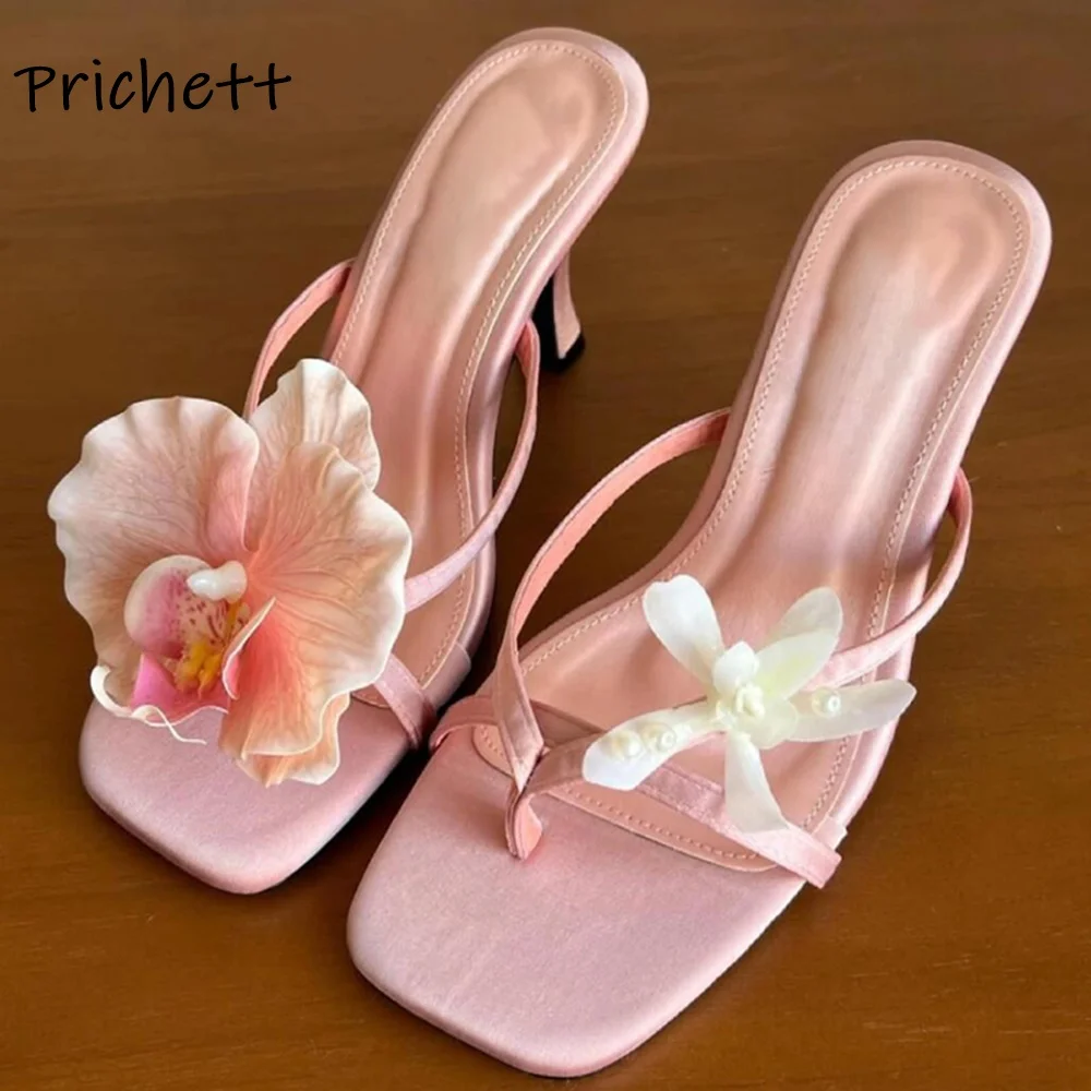 

Moth Orchid Flip Flops Slippers Satin Asymmetric Square Toe Slip On Thin Heels Sandals Women's Lovey Elegant Outdoor Dress Shoes