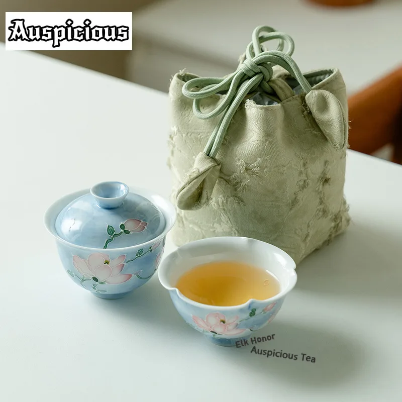 

Hand-painted Misty Magnolia Travel Tea Set Kit Handmade 1 Pot 1 Cups Tea Maker Organizer Portable Outdoor Tote Bag Teaset Craft