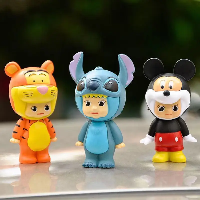 Disney-Anime Stitch Action Figure Set para Crianças, Mickey Mouse, Minnie, Tigre, Pato Donald, Modelo Animal, Enfeites para Bolo, Presente, 6 peças