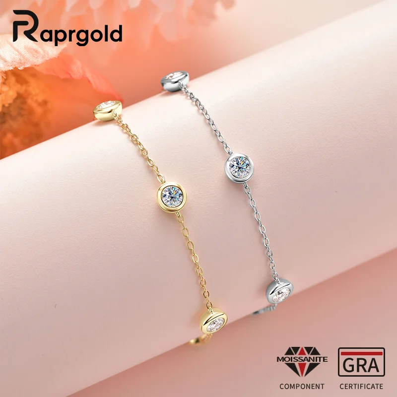 

RAPRGOLD Round Cut 0.3CT Five Moissanite Chain Bracelet for Women Real S925 Sterling Silver Bracelets Wedding Fine Jewelry Gifts
