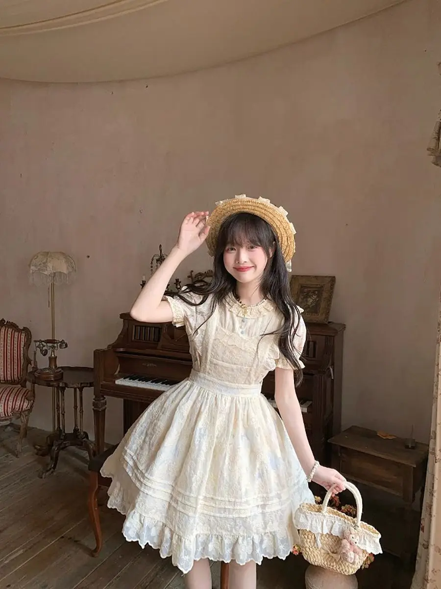 MAGOGO 2025 صيف جديد سوبر الجنية الدانتيل والتطريز لوليتا المئزر فتاة الغابات الحلو الحمالات تحلق كم تكدرت التستر فستان