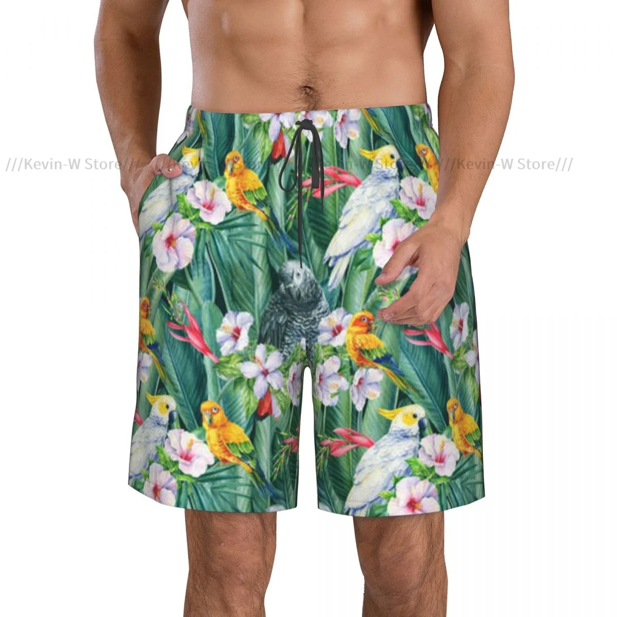 2024 Summer Men's Swimwear Shorts Cockatoo Tropical Birds Parrots Beachwear Swim Trunks Men Swimsuit