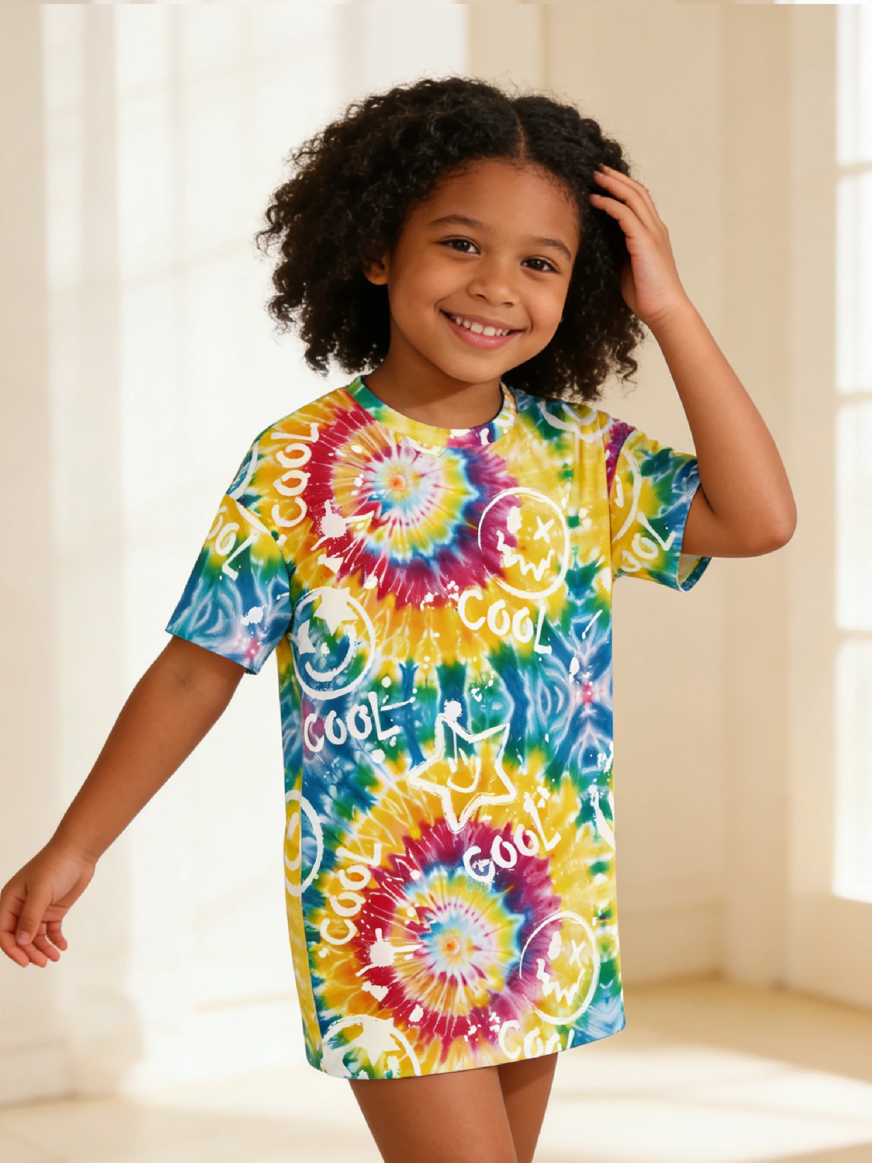 

Fun print tie-dye children's T-shirt skirt, bold pattern, soft fabric