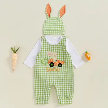 תינוק ילד ראשון פסחא תלבושת ארנב רקמה חוות Romper משובץ סרבל אוזני כובע יילוד תינוק בגדי פסחא 6 best sales תלבושת פסח לתינוק - №3