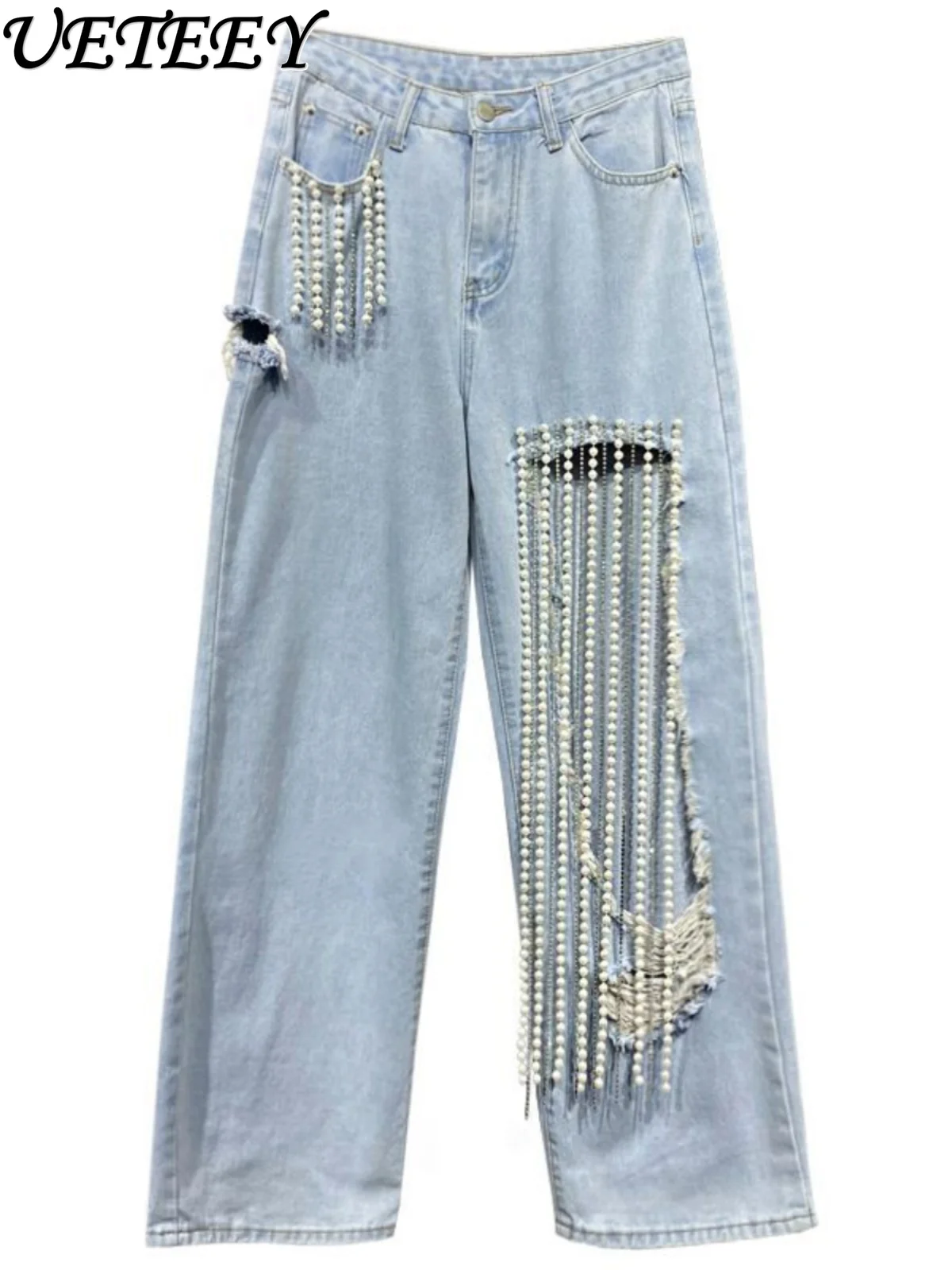 Bead Ripped Chain Design Baggy Jeans Women's Summer New High-waisted Loose and Thin Versatile Straight Wide-leg Denim Pants