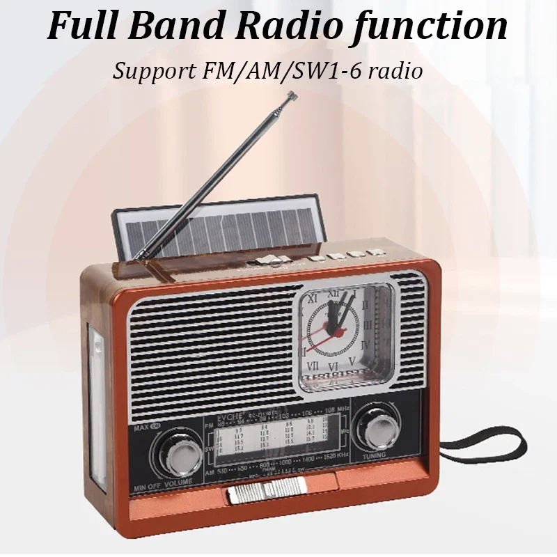 Radio portatile di emergenza retrò ricevitore Radio FM/AM/SW1-6 altoparlante BT lettore musicale MP3 solare con supporto per luce a LED scheda USB/TF