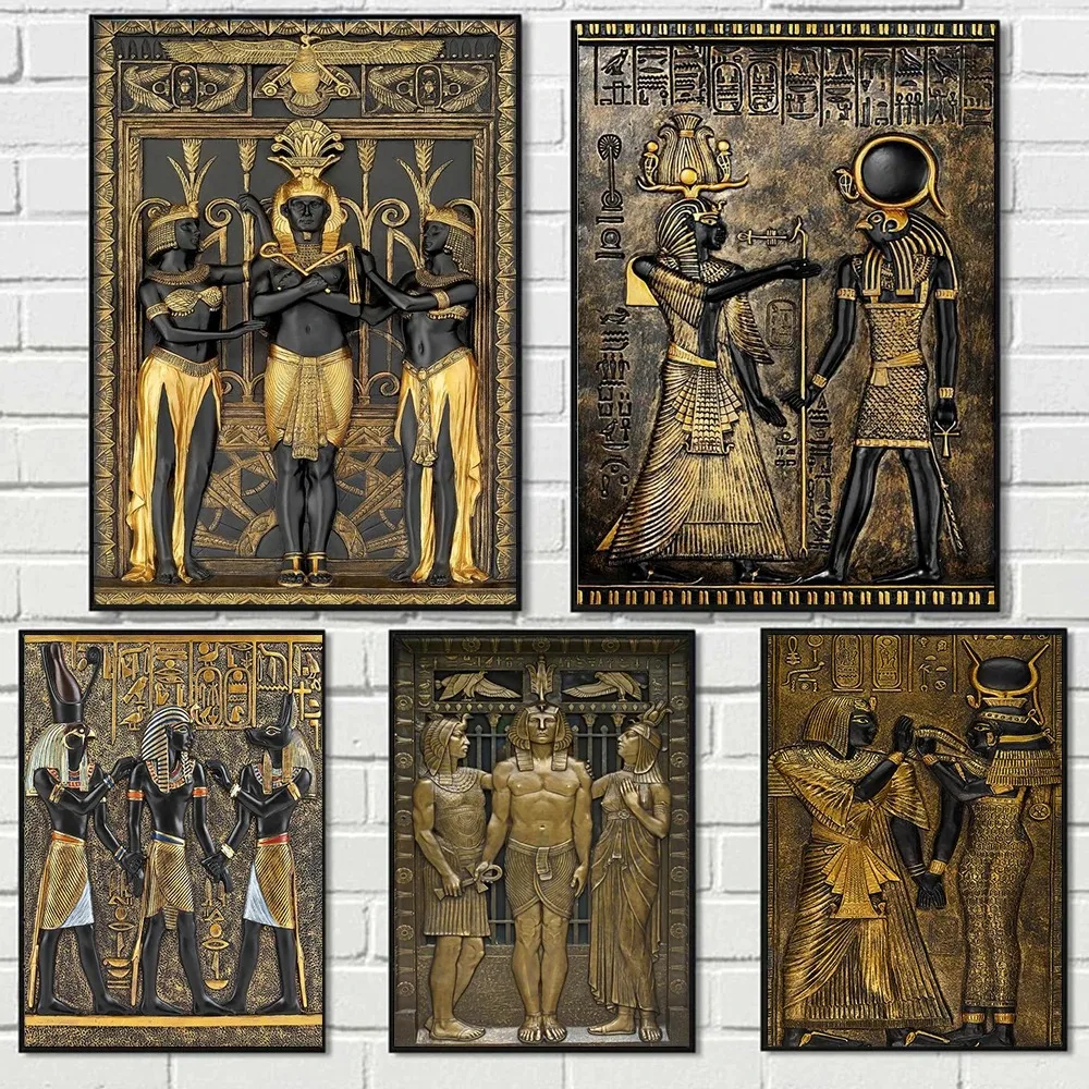 Impresiones de póster de arte egipcio antiguo dorado negro para decoración de sala de estar, efecto Visual 3D, pintura de lienzo de Faraón Egipcio, arte de pared