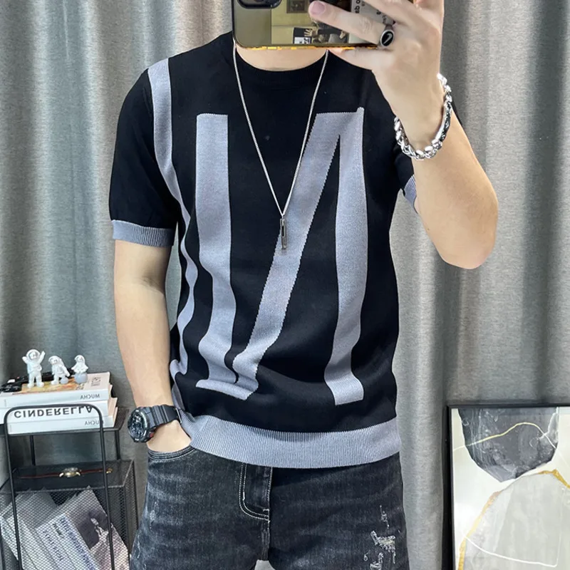 

Patchwork Color Slim Fit Knitted T Shirt Men O-Neck Stretched Tee Shirt Homme Streetwear Fashion 2022 Spring Men Casual T-Shirt