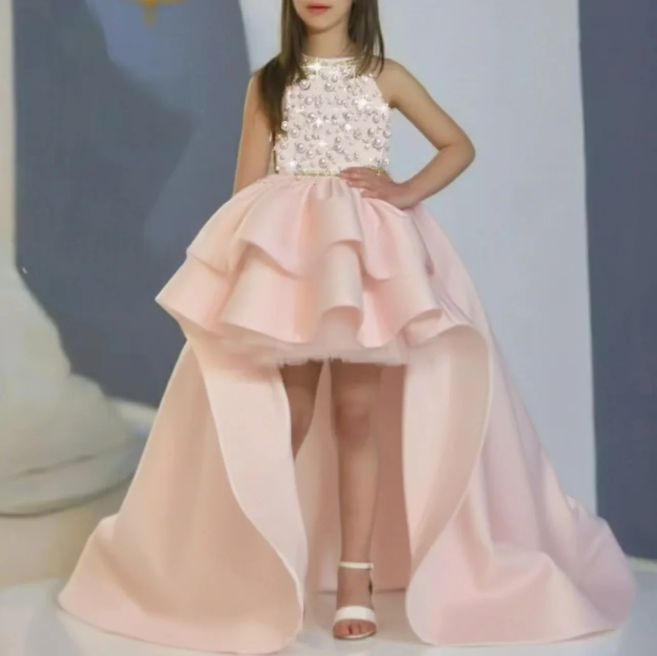 Custom White Pearl Ruffled High Low Flower Girl Dress First Christmas Dress Wedding Party Gown for Girls فساتين اطفال