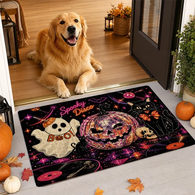 Spooky Disco Halloween Doormat, Ghost Black Cat Pumpkin Disco Ball Print Entry Mat, Retro Party Front Porch Decor