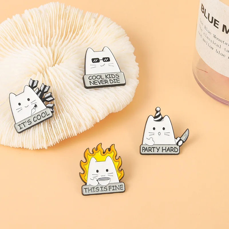 Cartoon White Cat Enamel Pin Metal Badge Brooch Knife Animal Funny Humor Drop Shipping Jewelry Women Kids Gifts Custom Wholesale