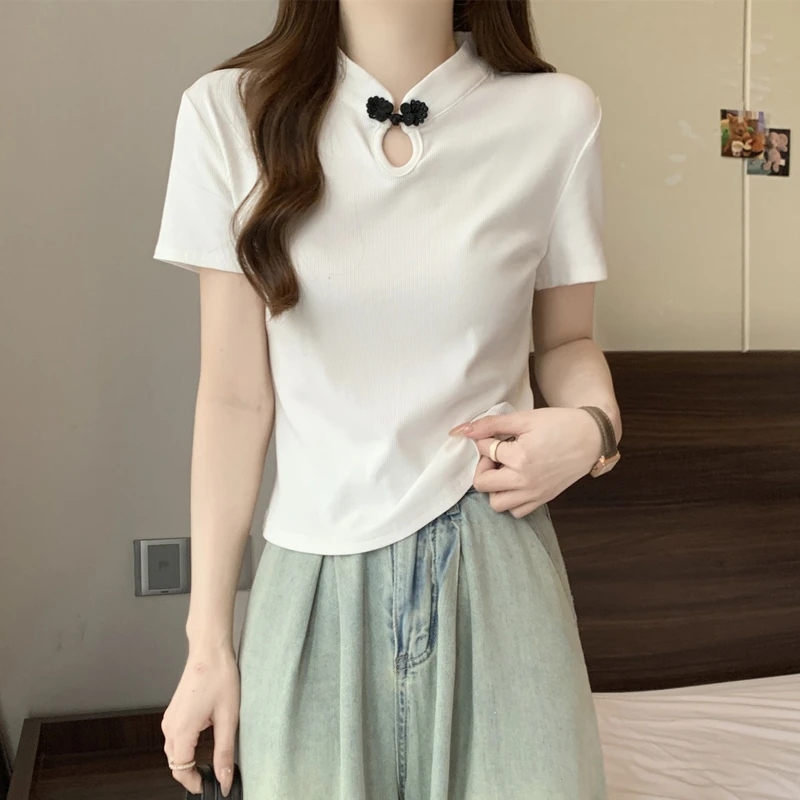 Women Summer Chinese Style Fashion Slim Appear Thin Solid Color Short Sleeve T-Shirt Women Clothes Casual All-match Trend Tops